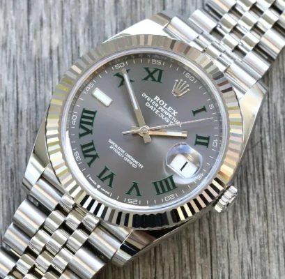 Superclone Rolex Datejust Rhodium Dial 126334 "Wimbledon" Flutted / Jubilee Perspective View