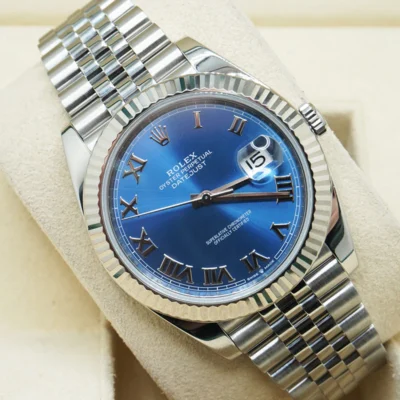 Replica Rolex Datejust Blue Dial 126334 Jubilee Roman Dials Angle Detail