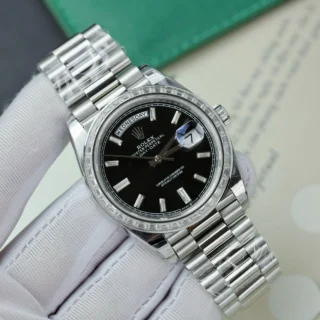 Replica Rolex Day Date Black Dial Diamond Bezel Presidential Bracelet