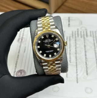 Replica Rolex Datejust Black Dial Fluted Bezel Two Toned Jubilee Bracelet