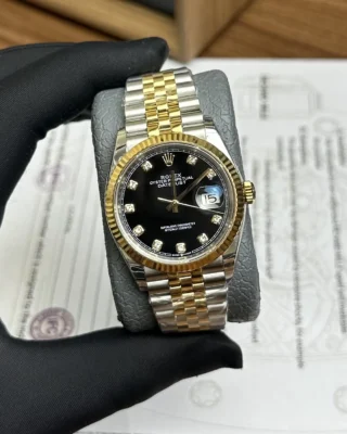 Replica Rolex Datejust Black Dial Fluted Bezel Two Toned Jubilee Bracelet