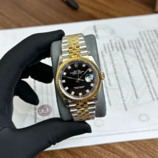 Replica Rolex Datejust Black Dial Fluted Bezel Two Toned Jubilee Bracelet