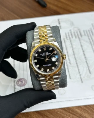 Replica Rolex Datejust Black Dial Fluted Bezel Two Toned Jubilee Bracelet
