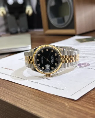 Replica Rolex Datejust Black Dial Fluted Bezel Two Toned Jubilee Bracelet