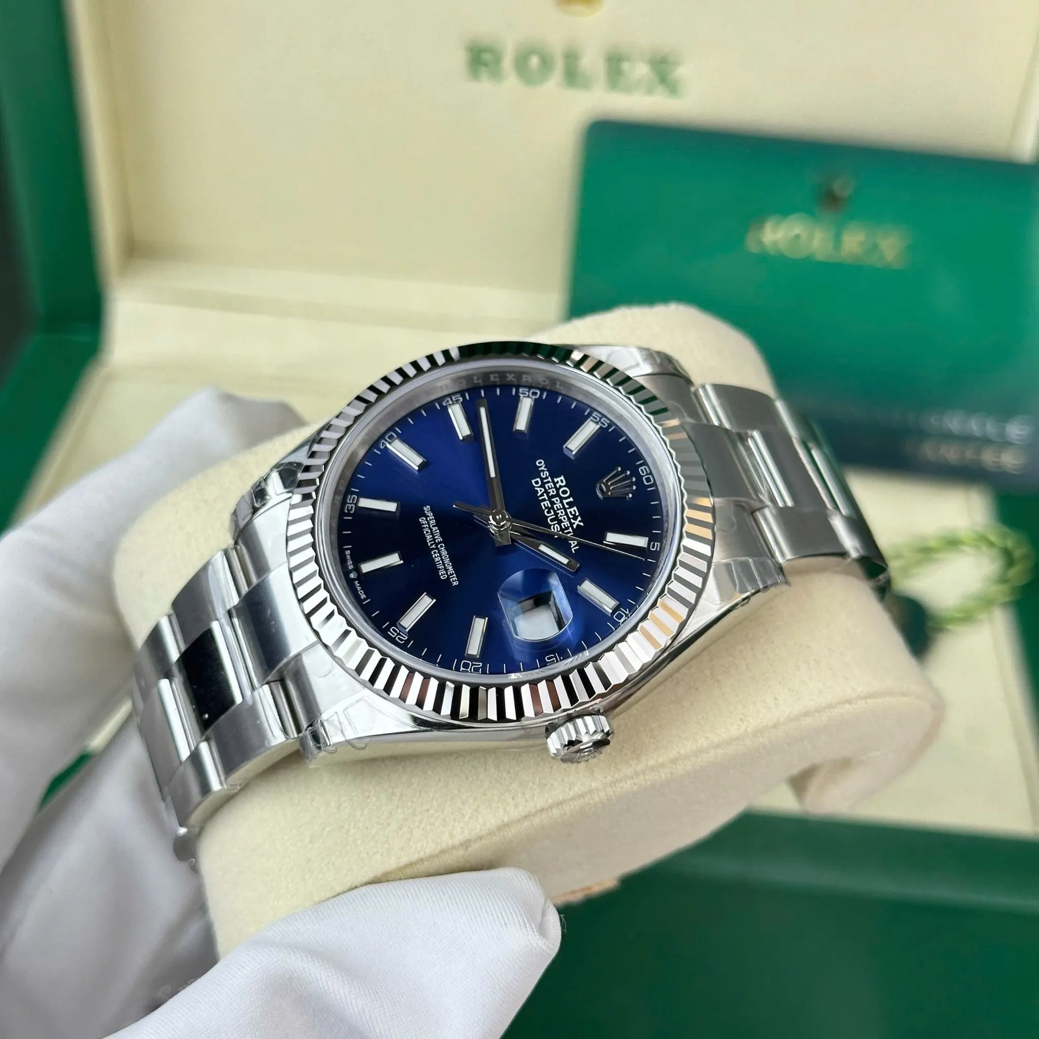 Replica Rolex Datejust blue Dial Fluted Bezel Oyster Bracelet