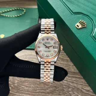 Replica Rolex Datejust Pearl Dial Fluted Bezel Two Toned Rose Gold Jubilee Bracelet