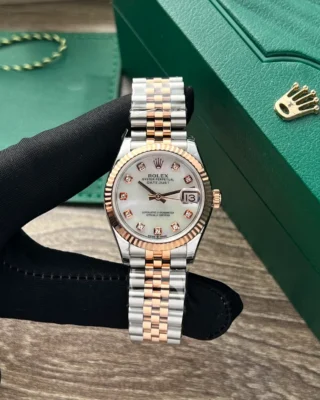 Replica Rolex Datejust Pearl Dial Fluted Bezel Two Toned Rose Gold Jubilee Bracelet