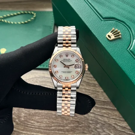 Replica Rolex Datejust Pearl Dial Fluted Bezel Two Toned Rose Gold Jubilee Bracelet
