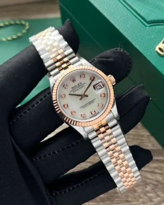 Replica Rolex Datejust Pearl Dial Fluted Bezel Two Toned Rose Gold Jubilee Bracelet