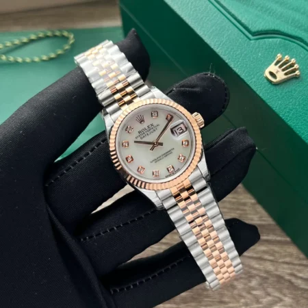Replica Rolex Datejust Pearl Dial Fluted Bezel Two Toned Rose Gold Jubilee Bracelet