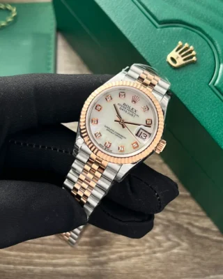 Replica Rolex Datejust Pearl Dial Fluted Bezel Two Toned Rose Gold Jubilee Bracelet