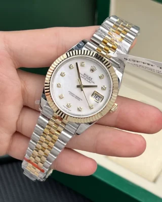 Replica Rolex Datejust Pearl Dial Fluted Bezel Two Toned Gold Jubilee Bracelet