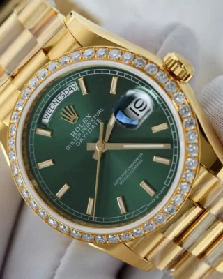 Replica Rolex Day-Date Green Dial Diamond Bezel Gold Presidential Bracelet