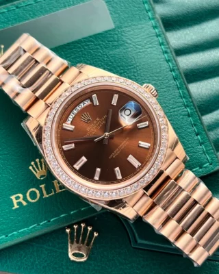 Replica Rolex Day-Date Chocolate Ombre Dial Diamond Bezel Rose Gold Presidential Bracelet