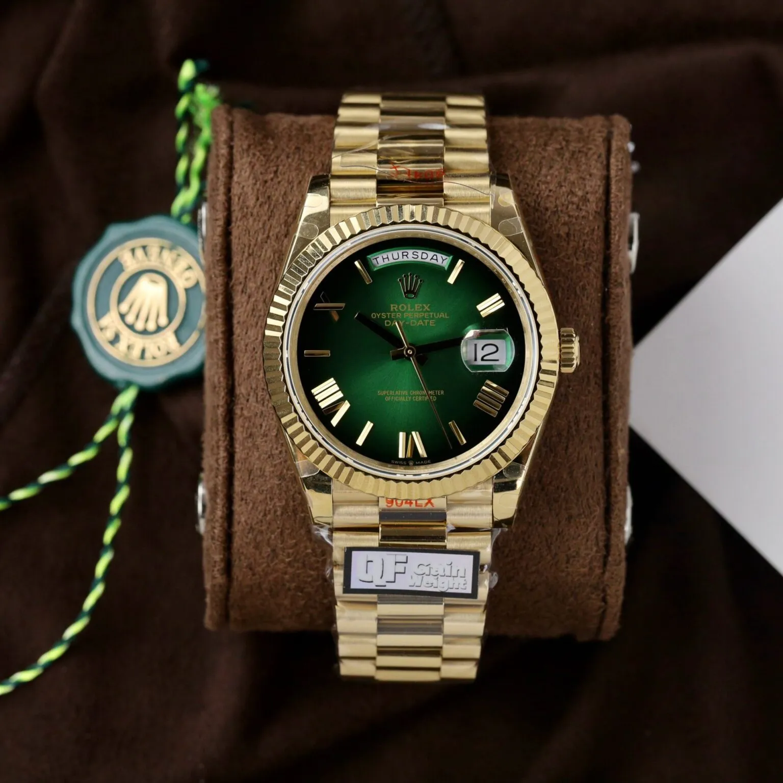 Replica Day-Date Green Ombre Dial Fluted Bezel Yellow Presidential Bracelet