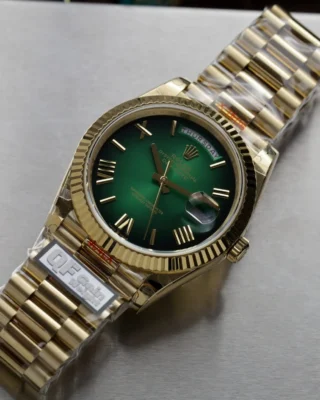 Replica Day-Date Green Ombre Dial Fluted Bezel Yellow Presidential Bracelet