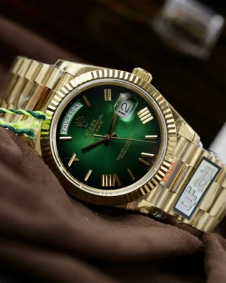 Replica Day-Date Green Ombre Dial Fluted Bezel Yellow Presidential Bracelet