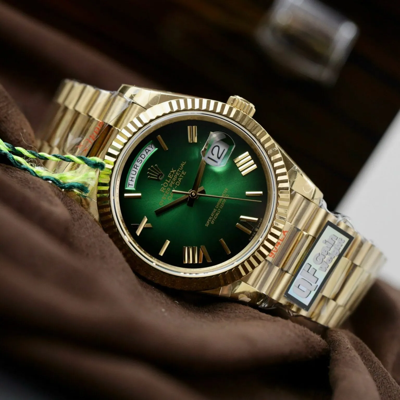 Replica Day-Date Green Ombre Dial Fluted Bezel Yellow Presidential Bracelet
