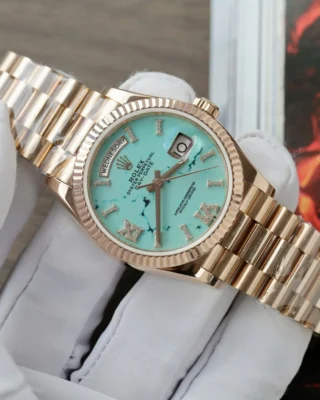 Replica Rolex Day-Date Turquoise Diamond Dial Fluted Rose Presidential Bracelet