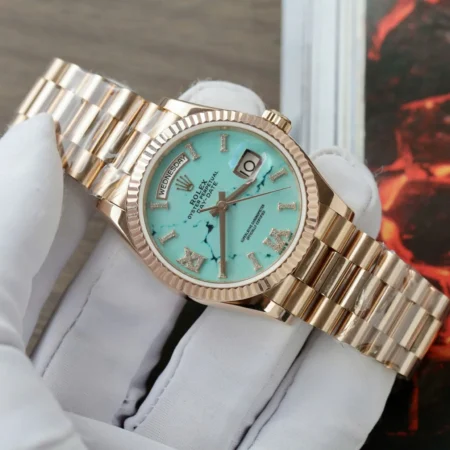 Replica Rolex Day-Date Turquoise Diamond Dial Fluted Rose Presidential Bracelet