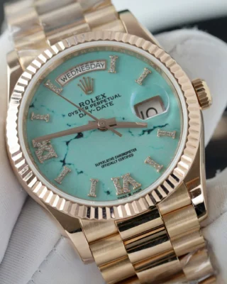 Replica Rolex Day-Date Turquoise Diamond Dial Fluted Rose Presidential Bracelet
