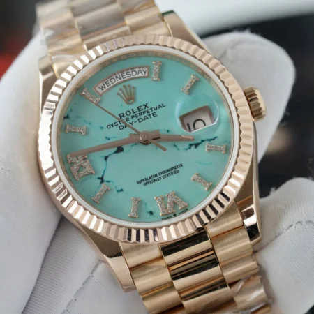 Replica Rolex Day-Date Turquoise Diamond Dial Fluted Rose Presidential Bracelet