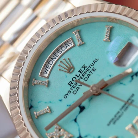 Replica Rolex Day-Date Turquoise Diamond Dial Fluted Rose Presidential Bracelet
