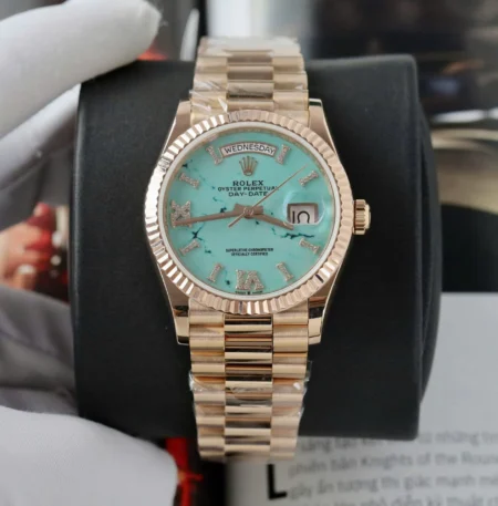Replica Rolex Day-Date Turquoise Diamond Dial Fluted Rose Presidential Bracelet