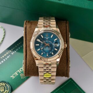 Replica Rolex Sky Dweller Blue Dial Fluted Bezel Jubilee Bracelet