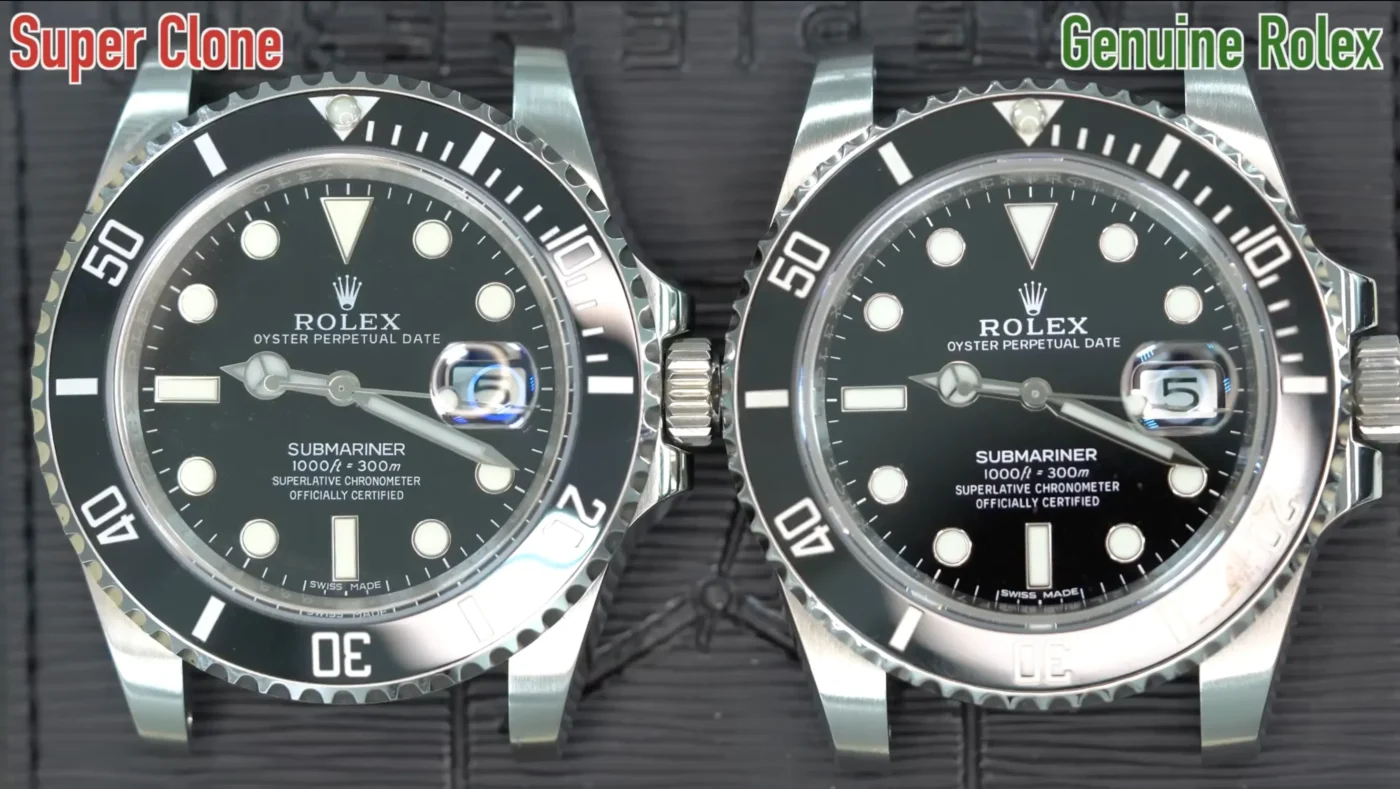 Rolex Submariner super clone (left) vs genuine original (right) side-by-side comparison showing dial, bezel, and luminous markers under light