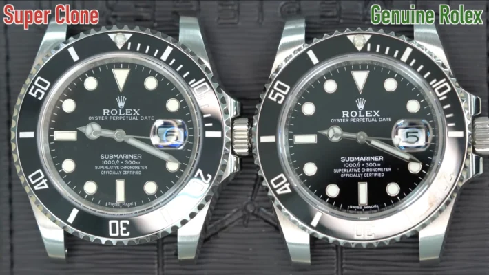 Rolex Submariner super clone (left) vs genuine original (right) side-by-side comparison showing dial, bezel, and luminous markers under light