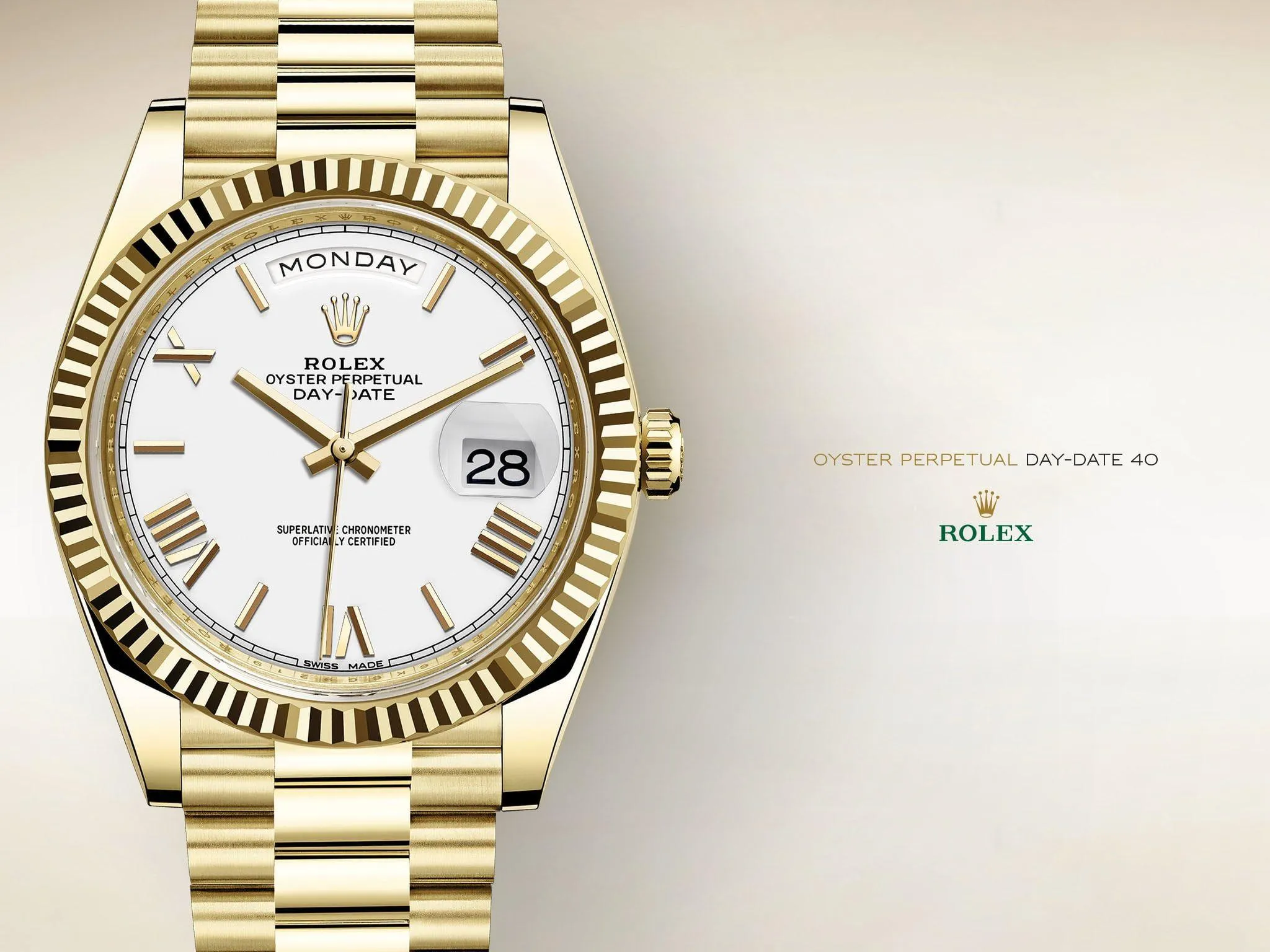 Genuine Rolex Day-Date White Dial Fluted Bezel Presidential Bracelet