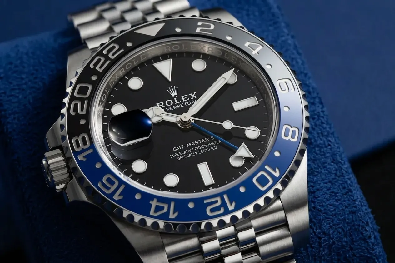 Left Hand Rolex GMT Master II Batgirls Black Dial on Jubilee Bracelet