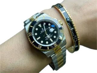 Black Gold Submariner Gold Tone Titanium Steel Bracelet worn on wrist with two-tone Rolex Submariner watch