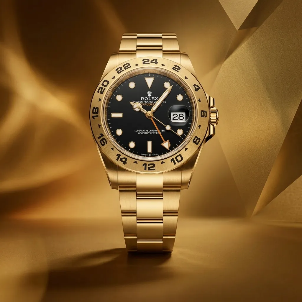 Rolex Explorer Full gold black Dial Oyster Bracelet on a golden Background