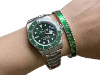 Green Submariner Titanium Steel Bracelet on wrist with Rolex Hulk Submariner watch
