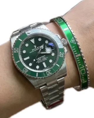 Green Submariner Titanium Steel Bracelet on wrist with Rolex Hulk Submariner watch