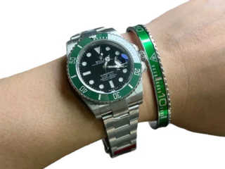 Green Submariner Titanium Steel Bracelet worn on wrist with green Rolex Submariner Starbucks watch