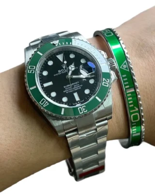 Green Submariner Titanium Steel Bracelet worn on wrist with green Rolex Submariner Starbucks watch
