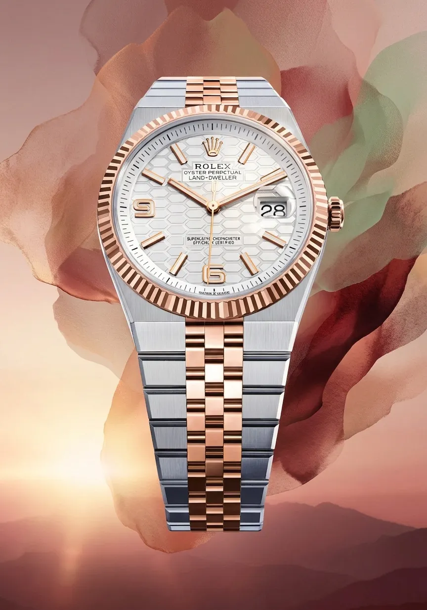 Rolex Land-Dweller White Dial Fluted Bezel TwoTone Rose Gold