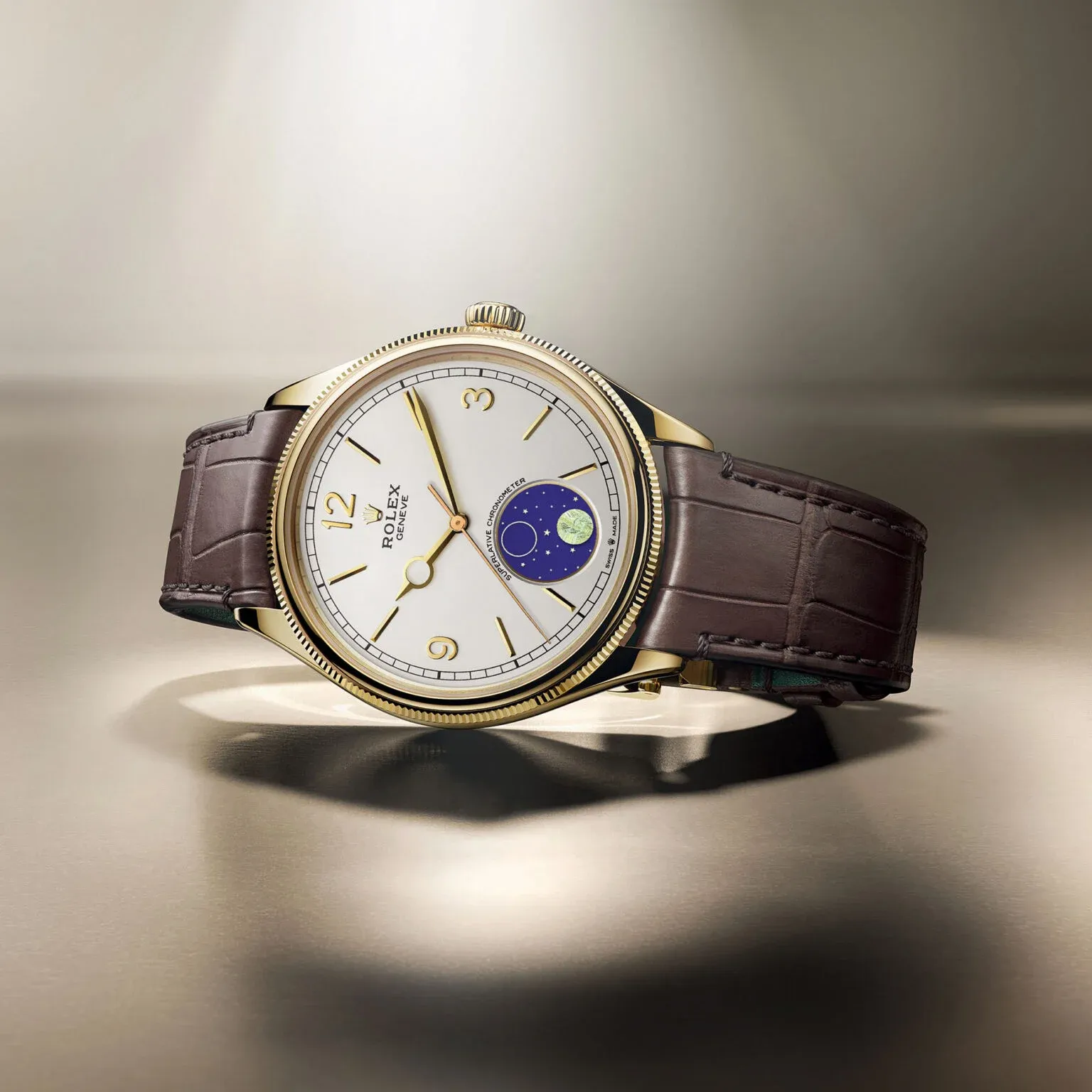 Rolex 1908 Gold Case White Dial with a Moonphase on a leather strap