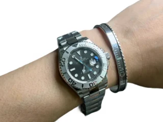 Silver Yacht-Master Titanium Steel Bracelet on wrist with Rolex Yacht-Master watch
