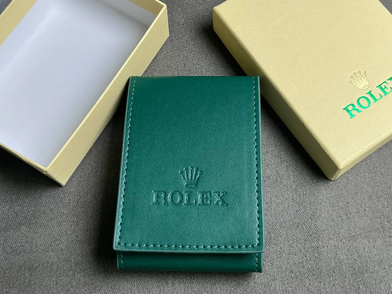 Replica Rolex Green Watch Pouch inside luxury cream box – High-Quality Rolex Accessories