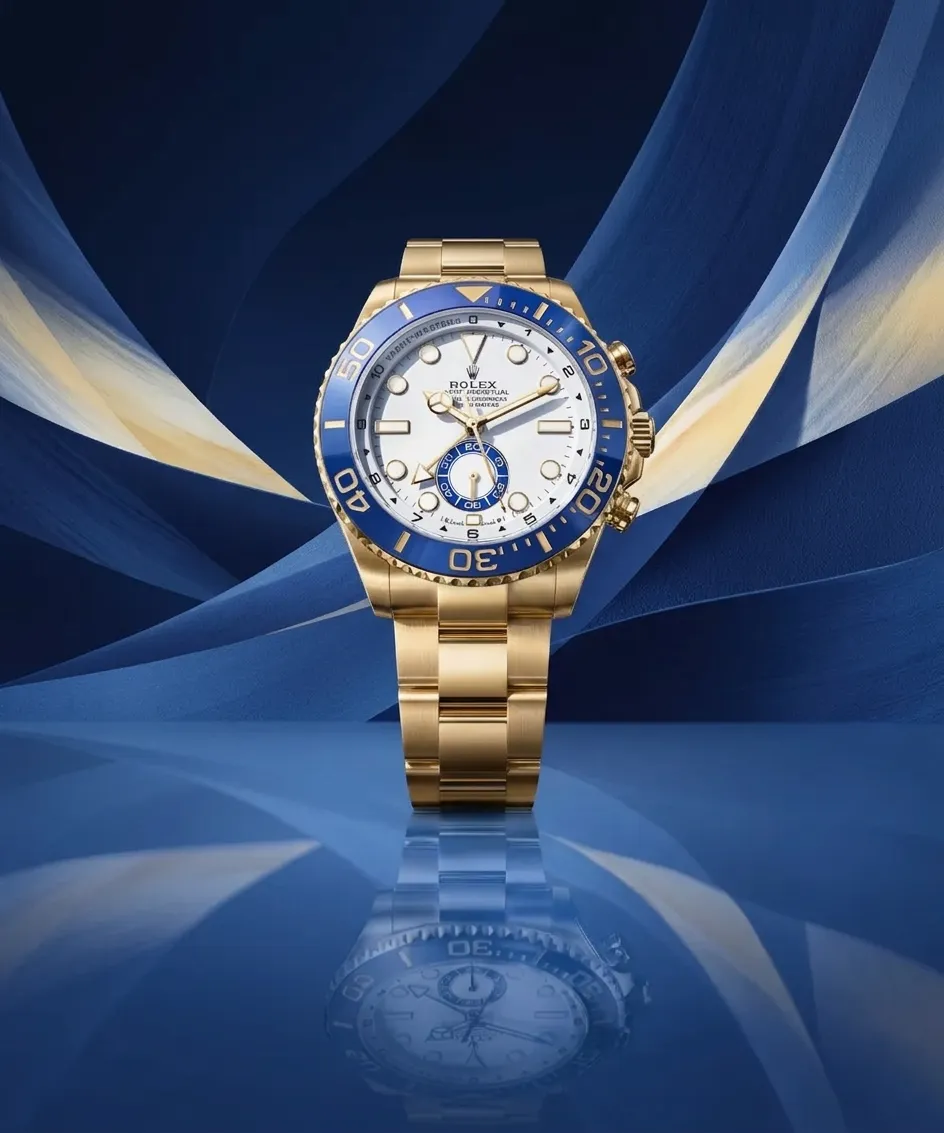 Rolex Yacht Master 126688 in 18-carat yellow gold with a blue abstract background 