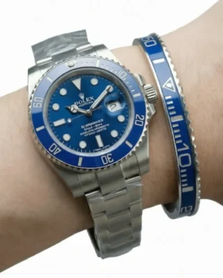 Blue Submariner Titanium Steel Bracelet worn on wrist with Smurf Rolex Submariner watch