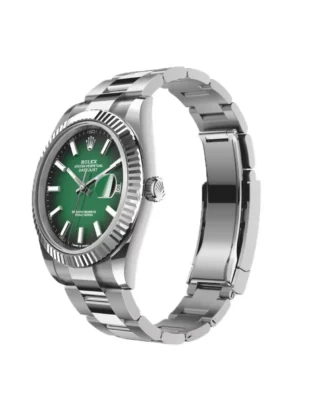 Rolex Datejust 41 Green Ombré Dial (2026) — Rolesor (Oystersteel and white gold), green ombré dial — angled view with open clasp and bracelet