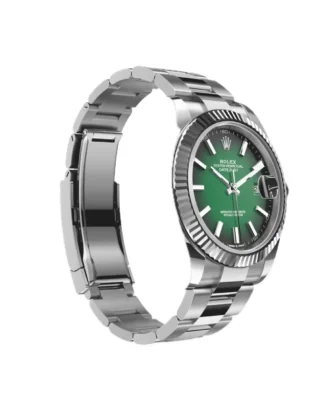 Rolex Datejust 41 Green Ombré Dial (2026) — Rolesor (Oystersteel and white gold), green ombré dial — angled view highlighting bezel and dial