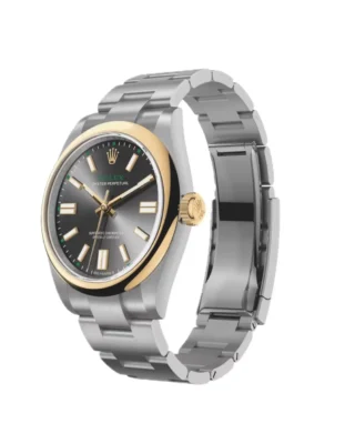 Rolex Oyster Perpetual “100 Years” (2026) — Rolesor (Oystersteel and yellow gold), slate grey dial — angled view with open clasp and bracelet