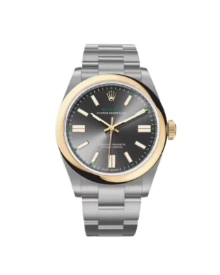 Rolex Oyster Perpetual “100 Years” (2026) — Rolesor (Oystersteel and yellow gold), slate grey dial — front view of the dial