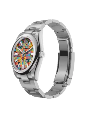 Rolex Oyster Perpetual Jubilee Motif 36mm (2026) — Oystersteel, colourful ROLEX motif dial — angled view with open clasp and bracelet